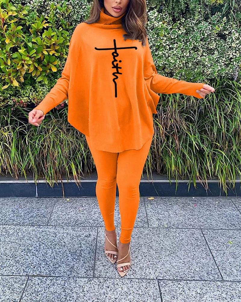 

Letter Print Batwing Sleeve Top & Pants Set, Orange