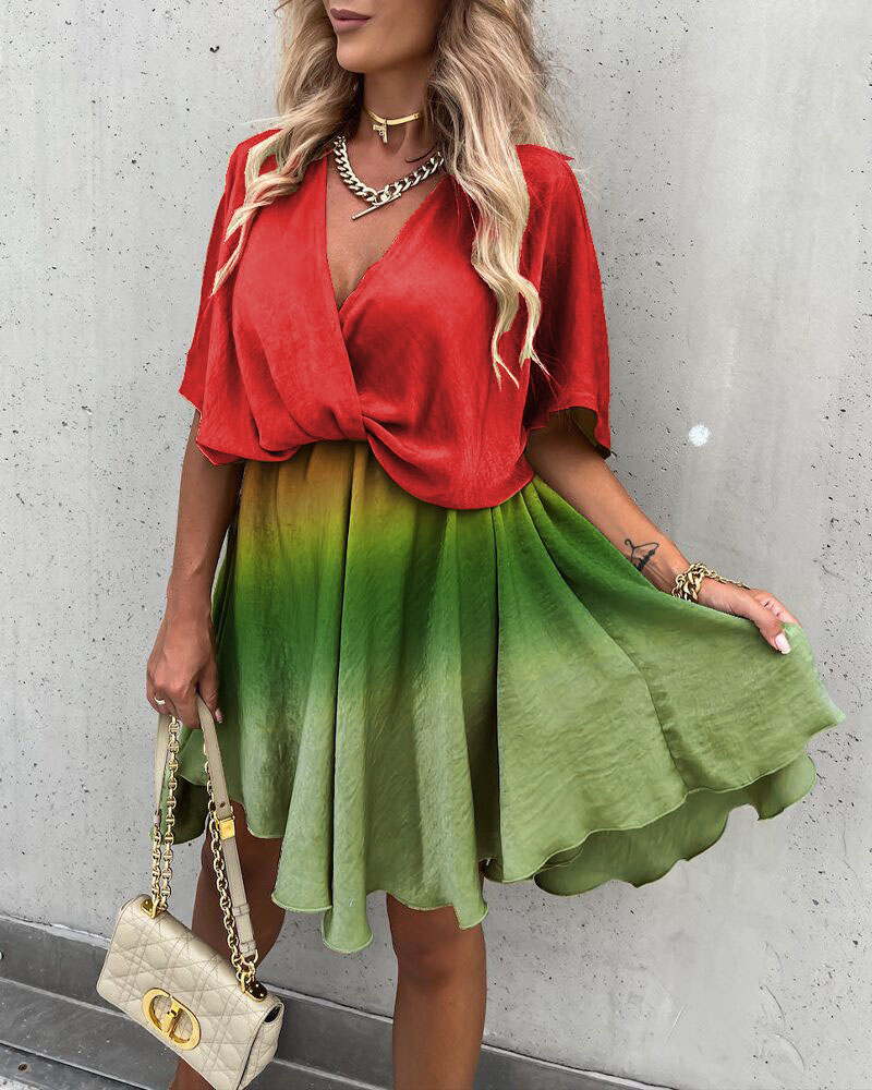 

Ombre Batwing Sleeve Overlap Flowy Swing Dress, Red