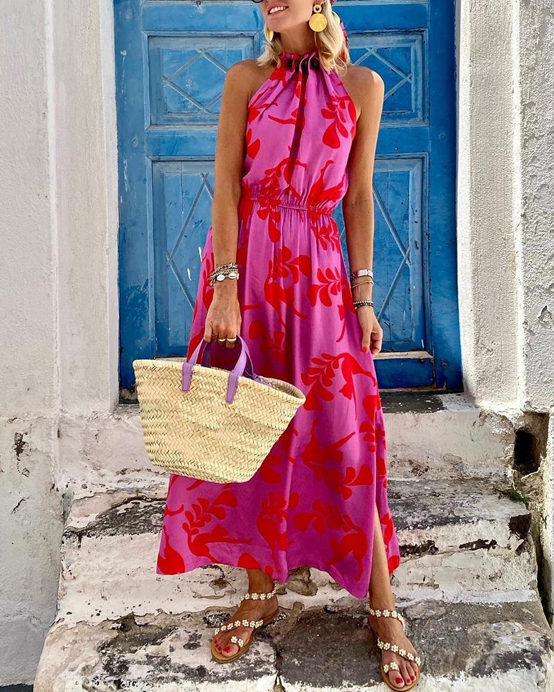 

Plants Print Sleeveless Slit Maxi Dress, Hot pink