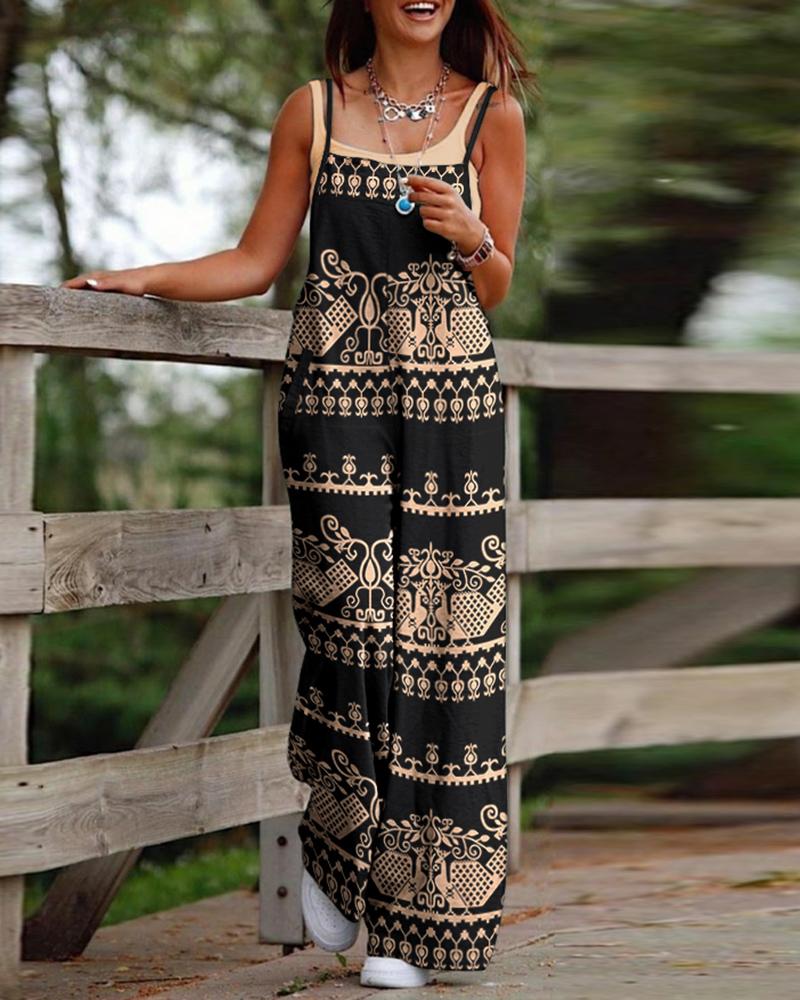

Tribal Print Casual Suspender Jumpsuit, Black