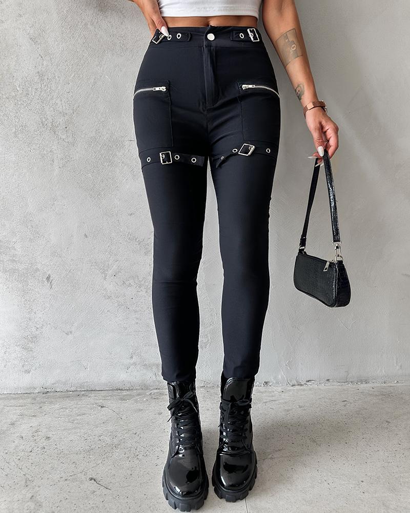 

Zipper Button Design Buckled Pants, Black