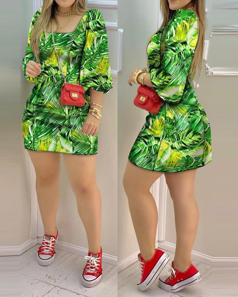 

Puff Lantern Sleeve Tropical Print Dress, Green