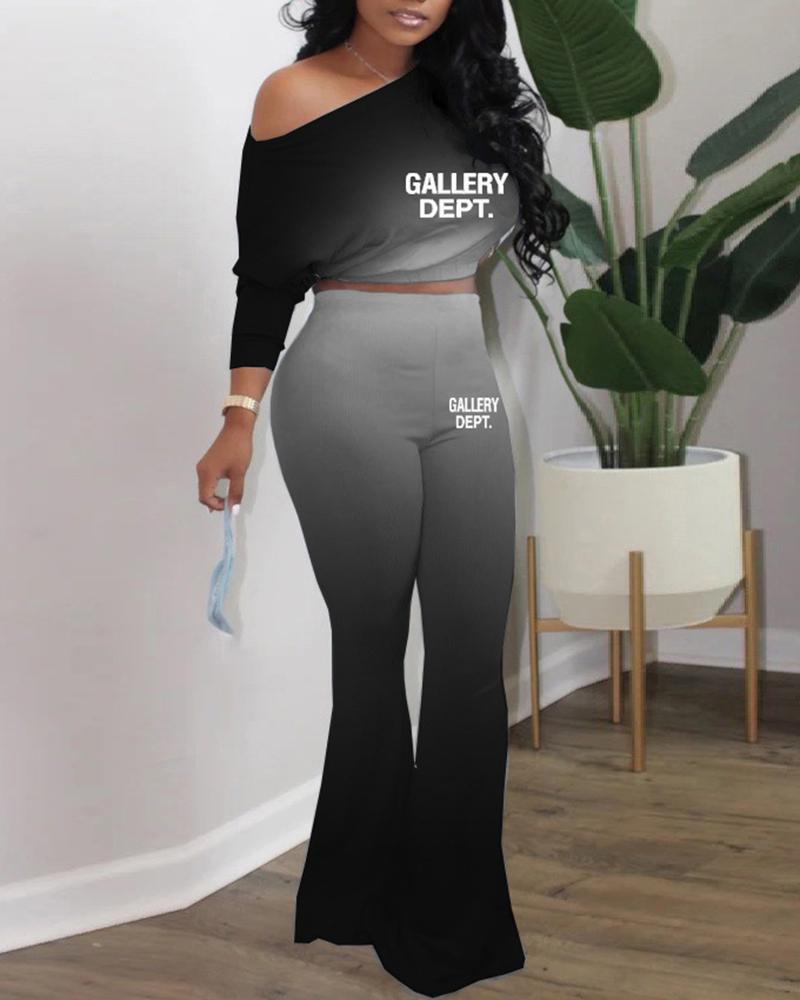 

Ombre Letter Print Top & Bootcut Pants Set, Black