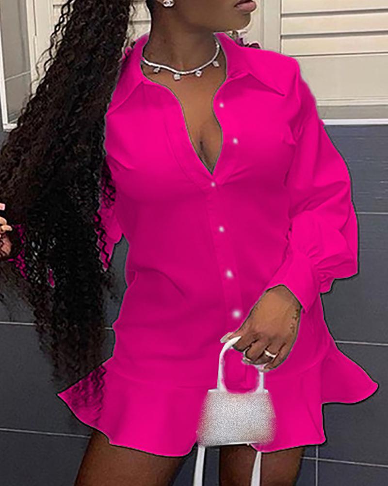 

Ruffle Hem Lantern Sleeve Buttoned Shirt Dress, Hot pink