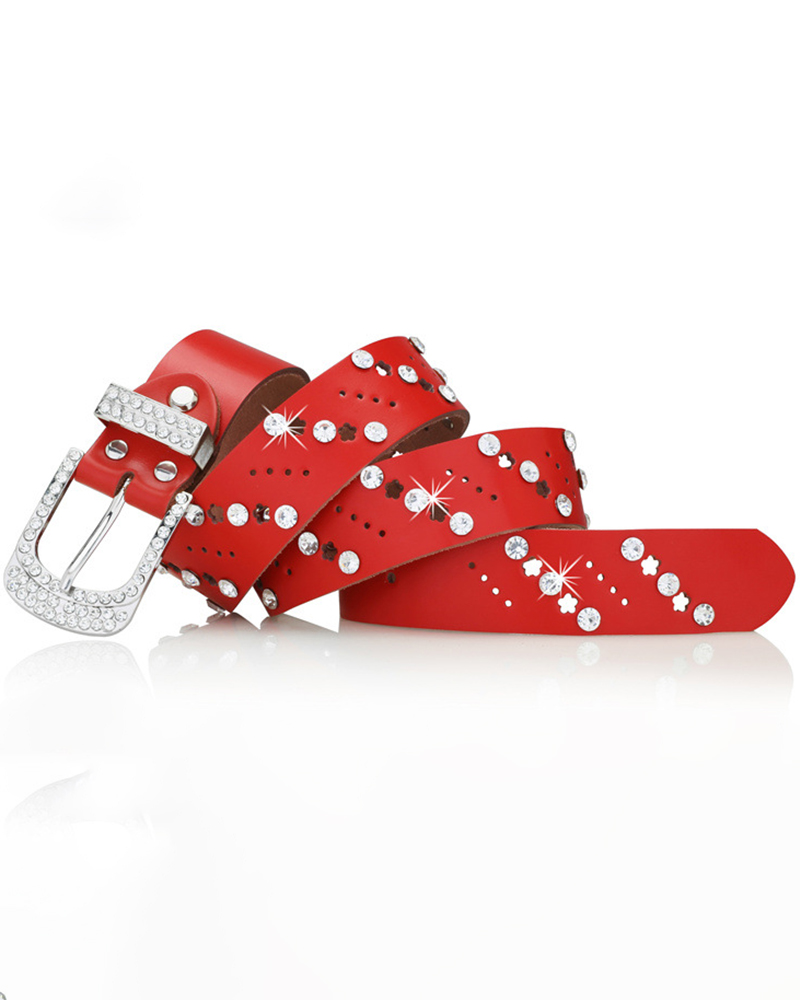 

PU Leather Hollow Out Rhinestone Decor Buckled Belt, Red