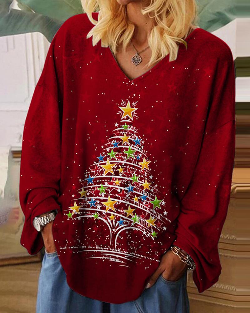 

Christmas Tree Print Long Sleeve Casual Top, Red