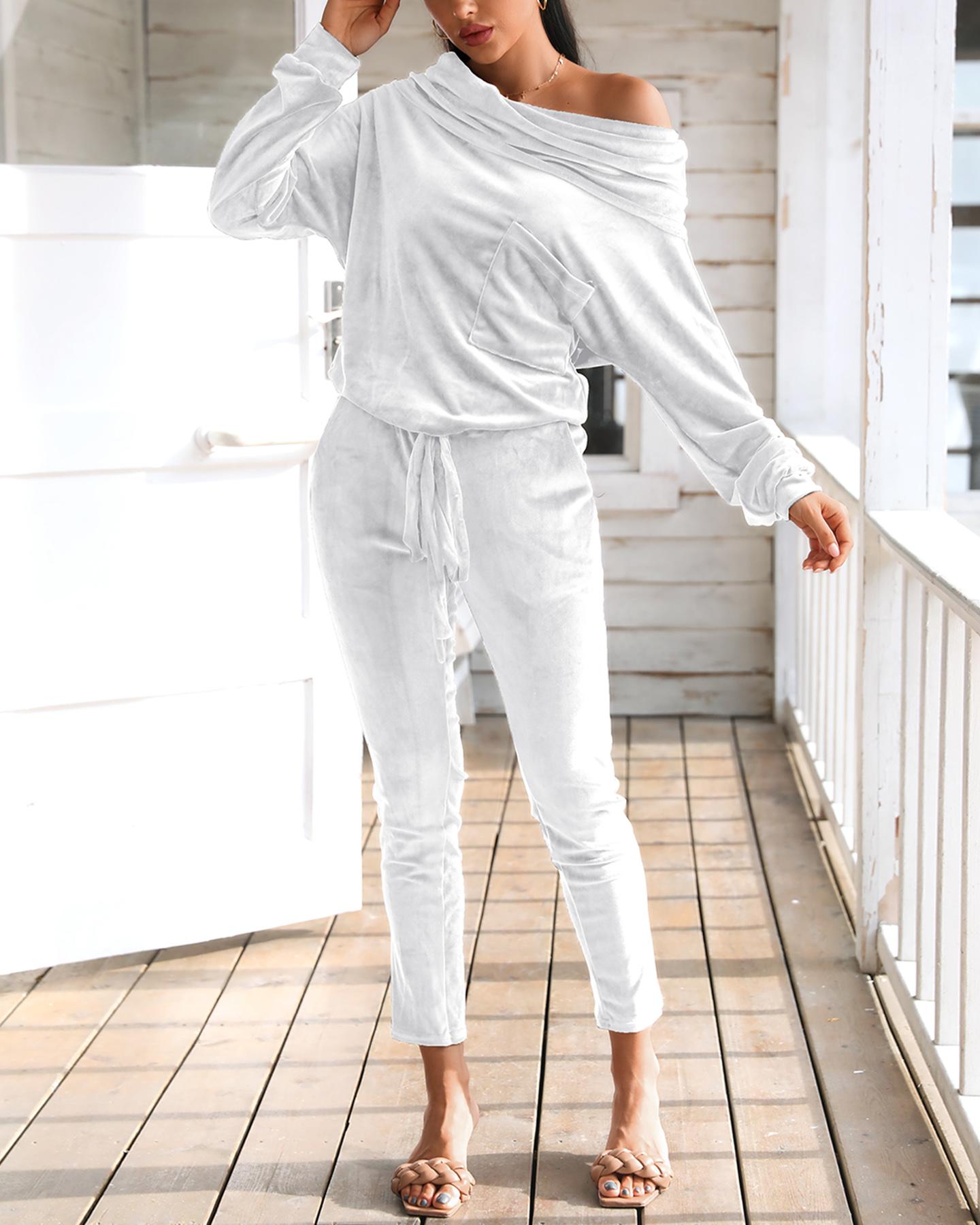 

Off Shoulder Ruched Top & Pant Sets, White