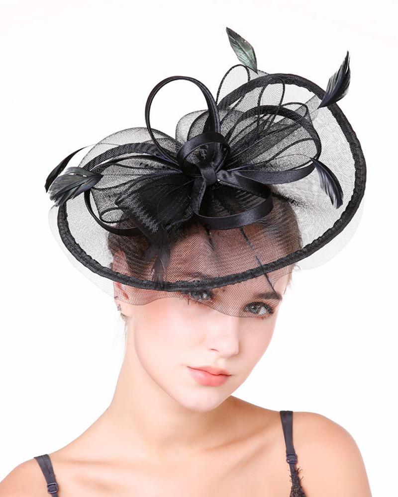 

1pc Bowknot Fascinator Hat Feather Sheer Mesh Headband Bridal Wedding Cocktail Tea Party Headwear, Black