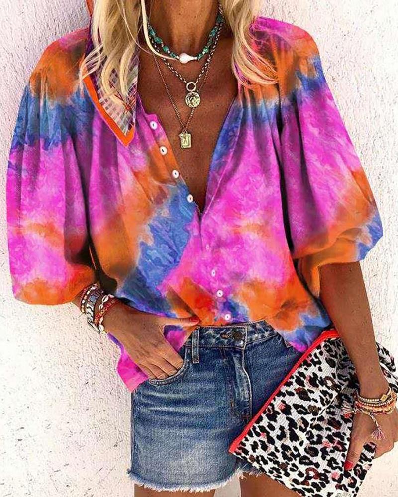 

Tie Dye Print Lantern Sleeve Button Down Casual Top, Pink