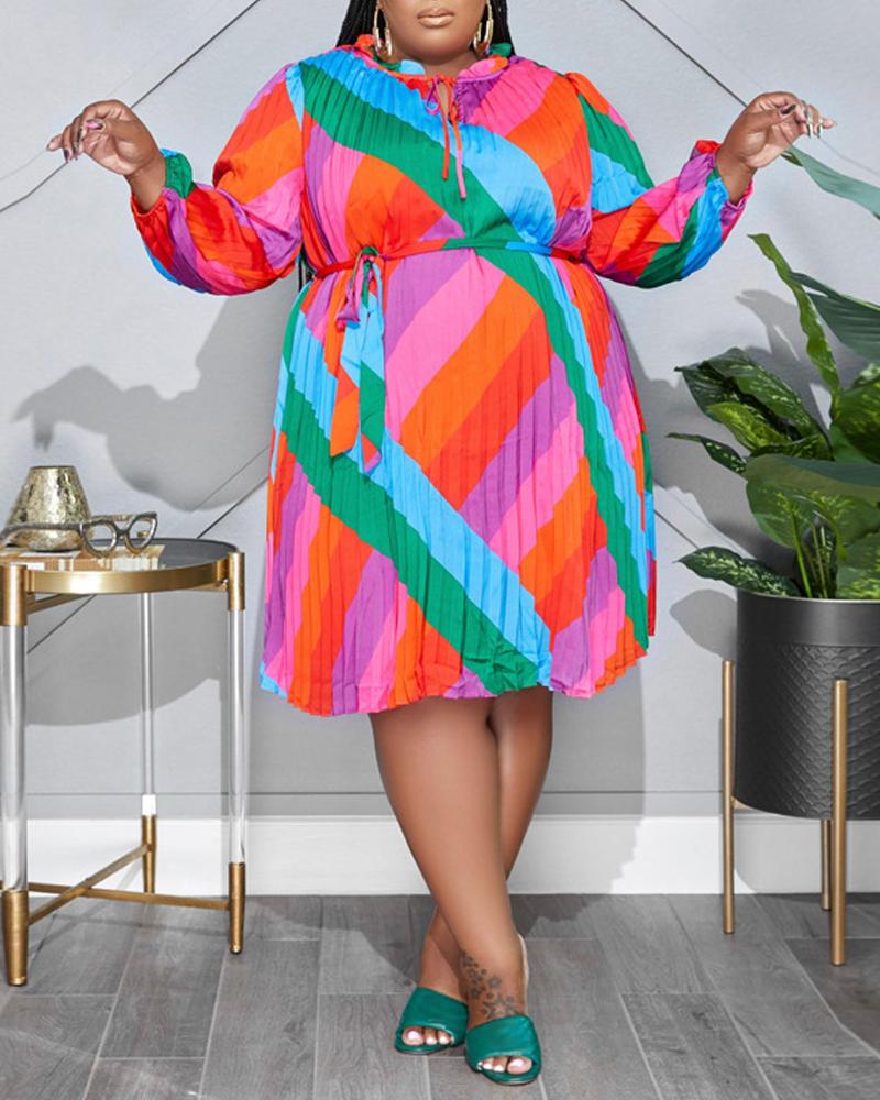 

Plus Size Geometric Print Pleated Casual Dress, Hot pink