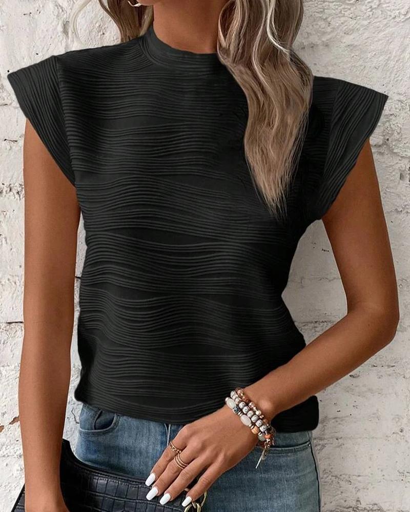

Cap Sleeve Mock Neck Textured Top, Black