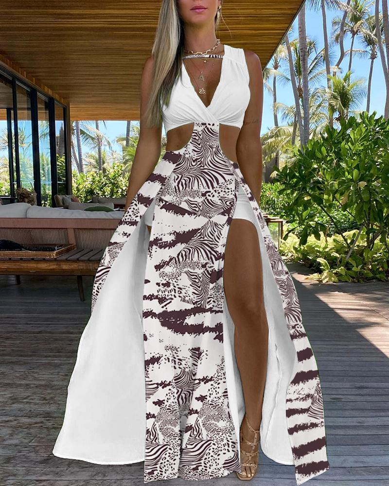 

Zebra Stripe Tie Dye Print Cutout High Slit Maxi Dress, Brown