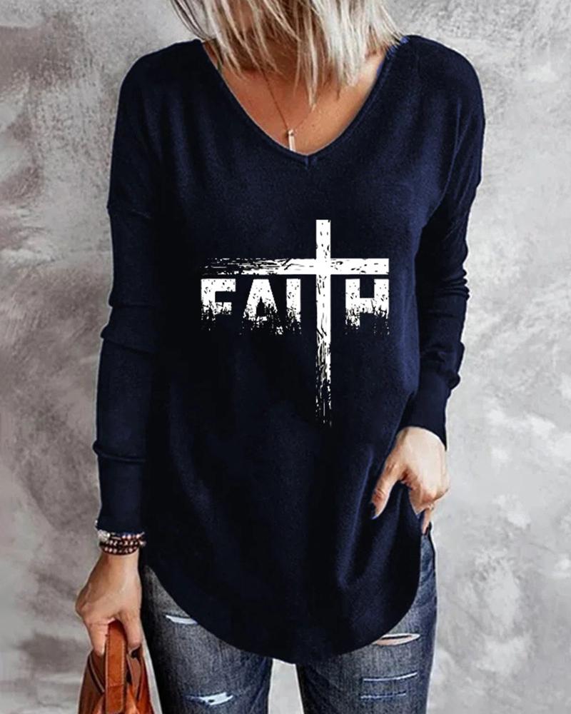 

Letter Print Long Sleeve Top, Blue