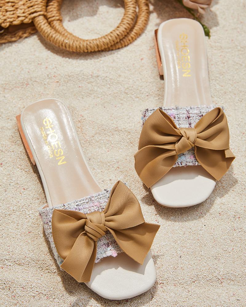

Bowknot Decor Tweed Square Toe Slipper, Beige