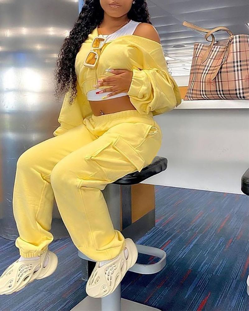 

Zipper Design Long Sleeve Hooded Top & High Waist Pants Set, Yellow
