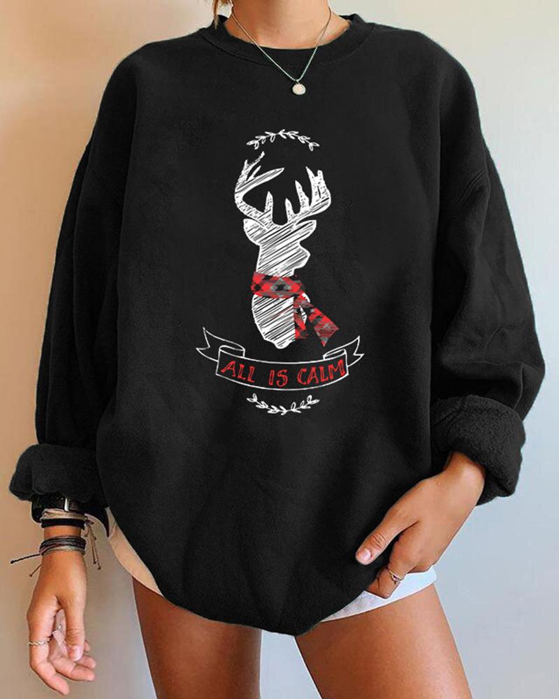 

Christmas Elk Letter Print Long Sleeve Sweatshirt, Black
