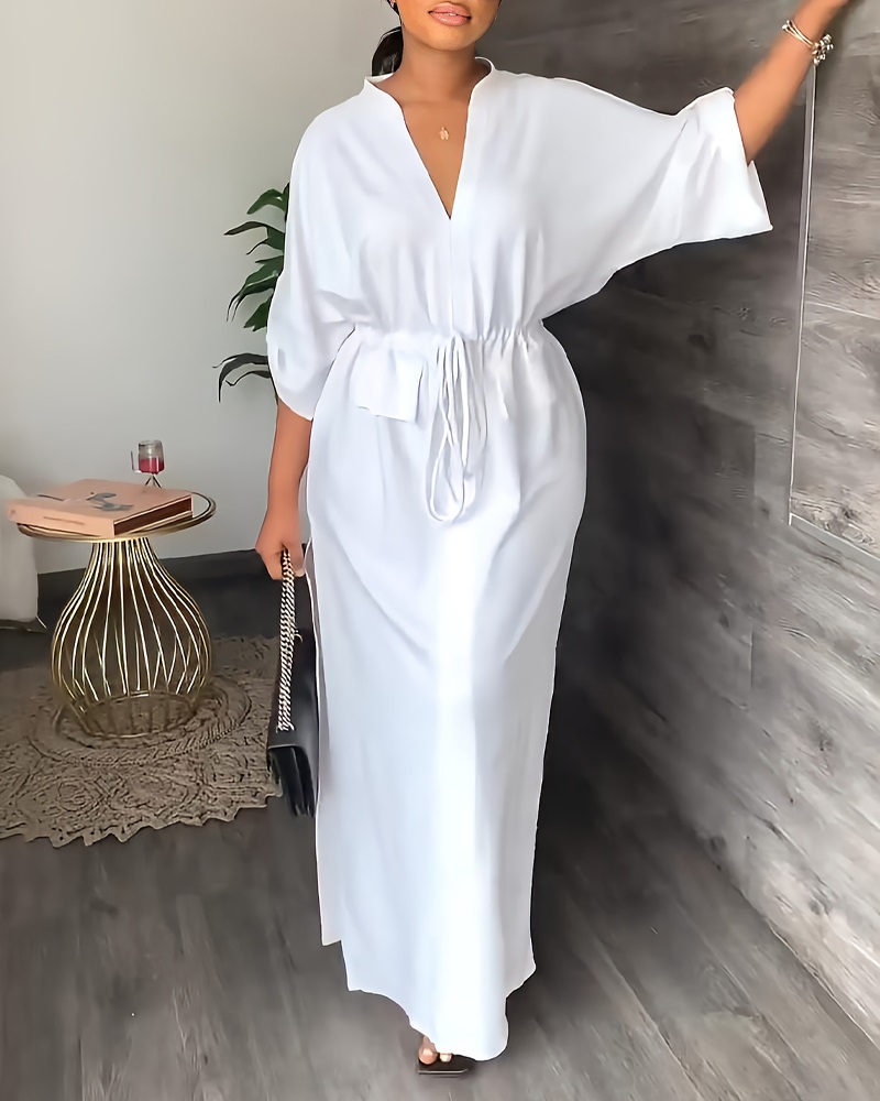 

Roll Up Sleeve Drawstring Waist Split Hem Maxi Dress, White