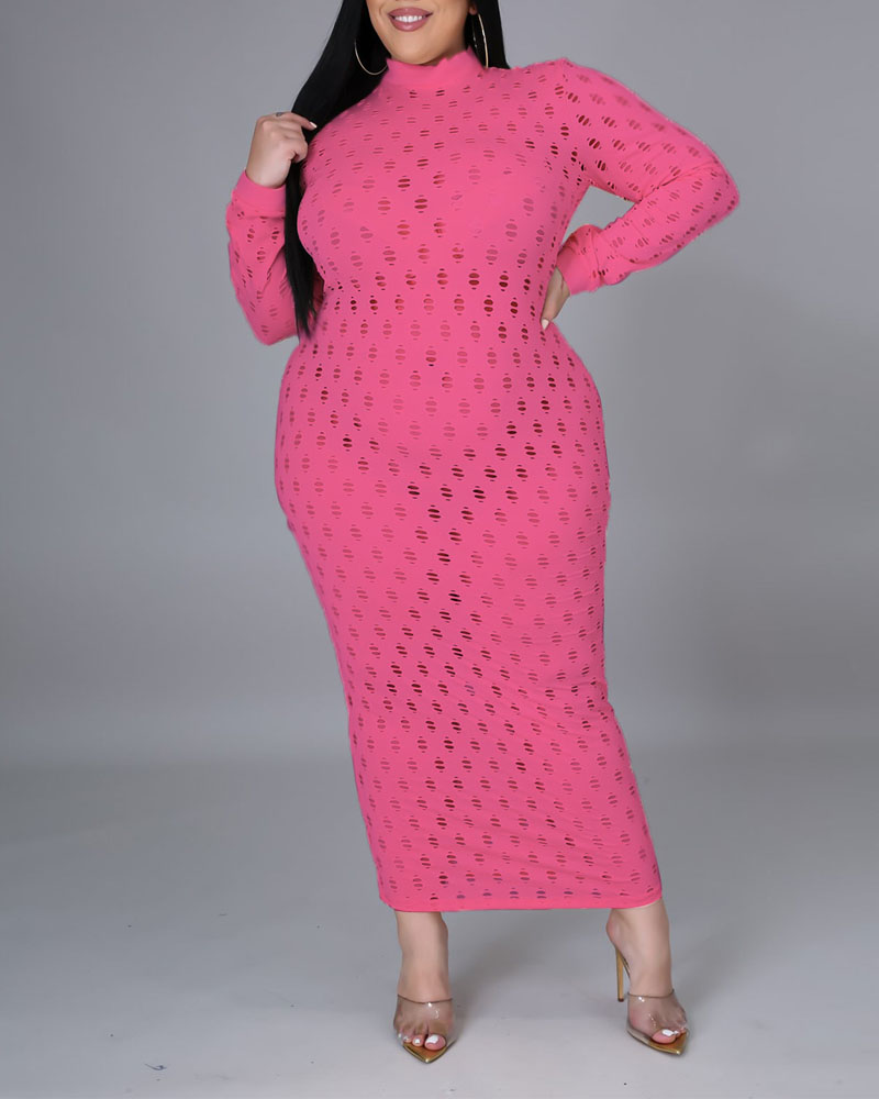 

Plus Size Long Sleeve Hollow Out Bodycon Dress, Hot pink