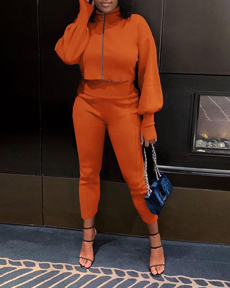 

Zip Up Thumb Hole Lantern Sleeve Crop Top & Pants Set, Orange