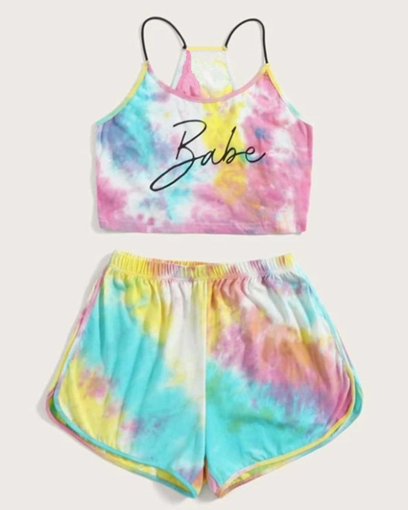 

Tie Dye Multicolor Sleeveless Strap Tanks Suit Sets, Light blue