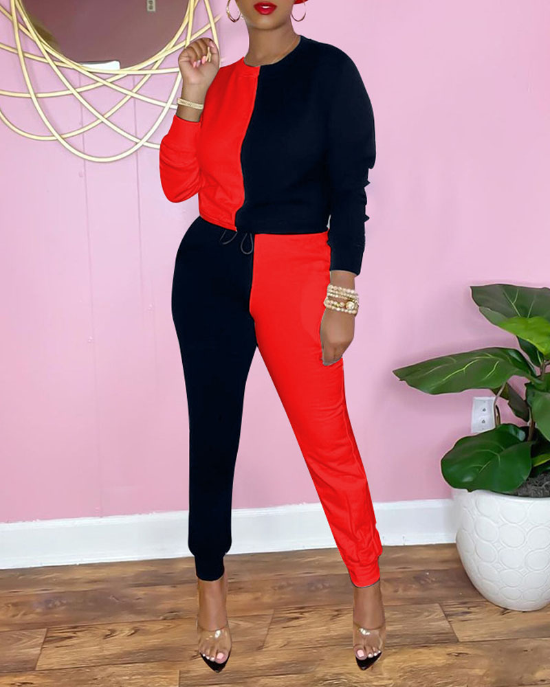 

Color Block Long Sleeve Top & Pants Set, Red