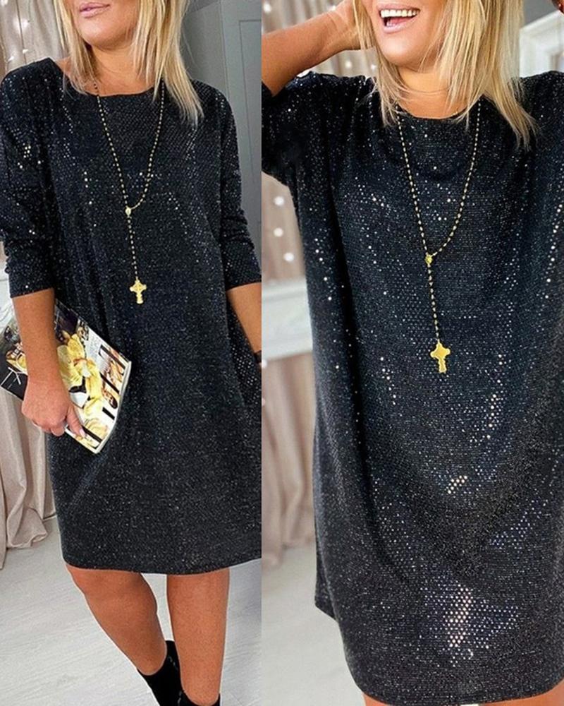 

Allover Sequins Long Sleeve Casual Dress, Black