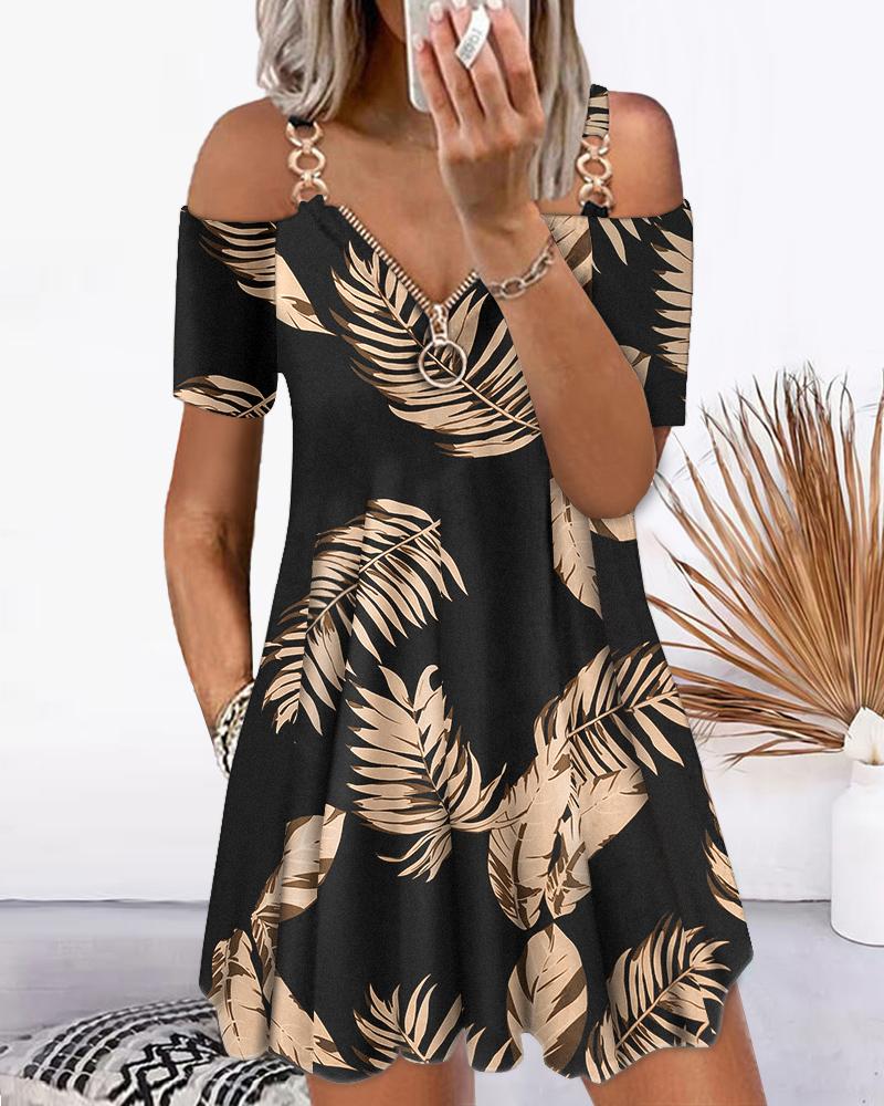 

Leaf Print Chain Strap Cold Shoulder Swing Dress, Black