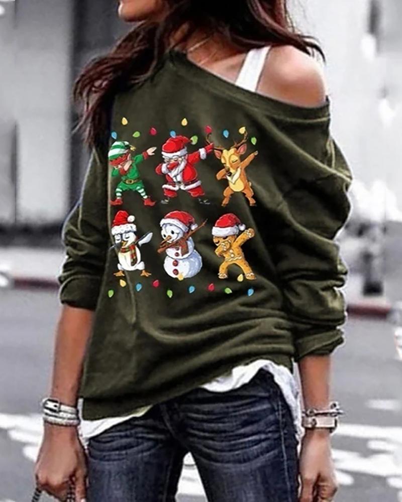 

Christmas Snowman Print Long Sleeve Sweatshirt, Green