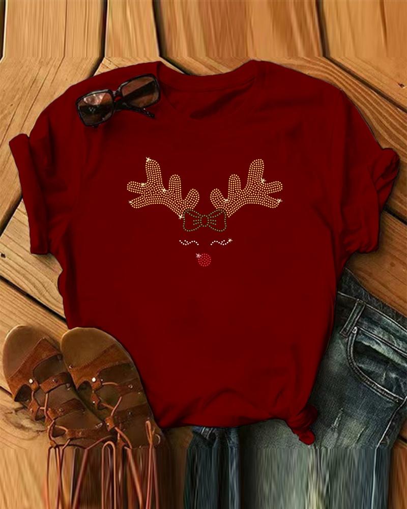

Christmas Rhinestone Elk Pattern Casual T-shirt, Wine red