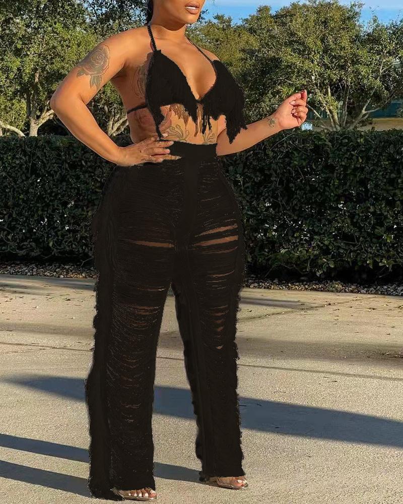 

Fringe Trim Halter Crop Top & Cover Up Pants Set, Black