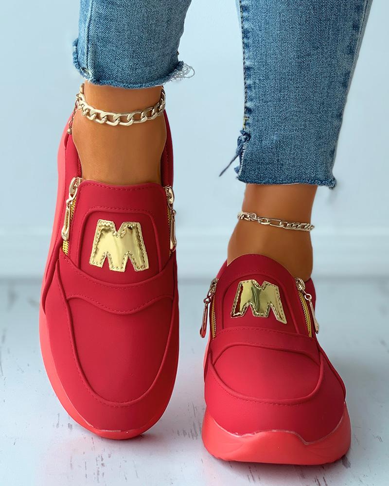 

Letter Pattern Zip Decor Wedge Sneaker, Red