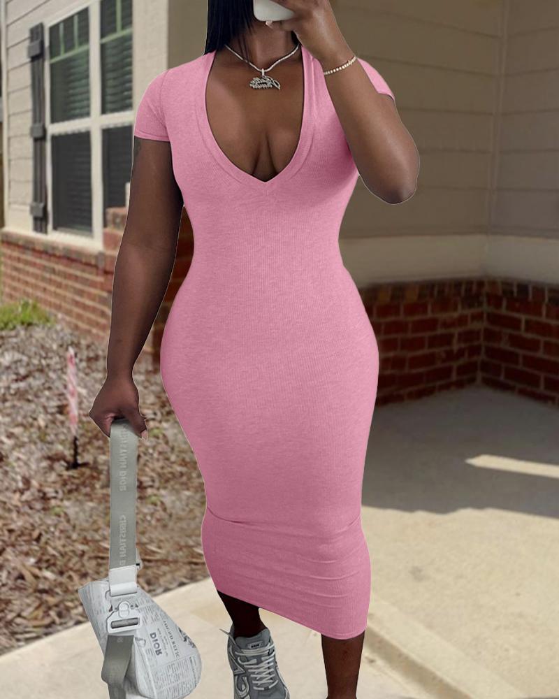 

V-Neck Short Sleeve Maxi Dress, Pink