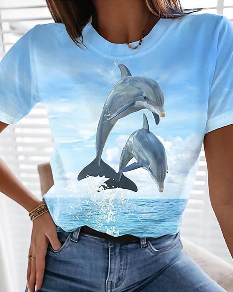 

Round Neck Tops Graphic 3D Print Basic T-shirt, Blue