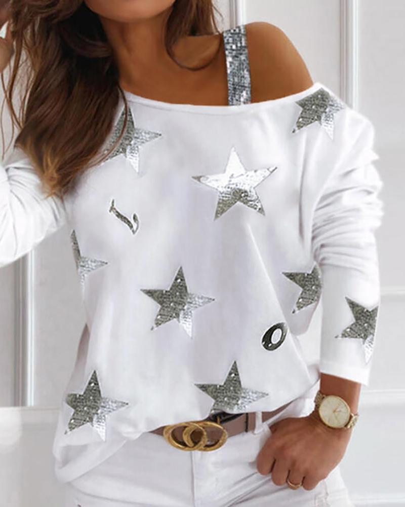 

Star Pattern Sequins Long Sleeve One Shoulder Top, White