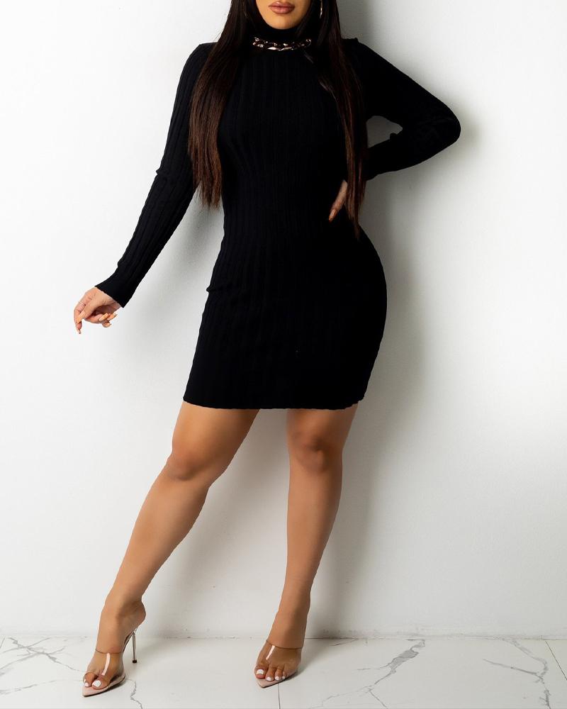 

Ribbed Backless Long Sleeve Bodycon Dress, Black