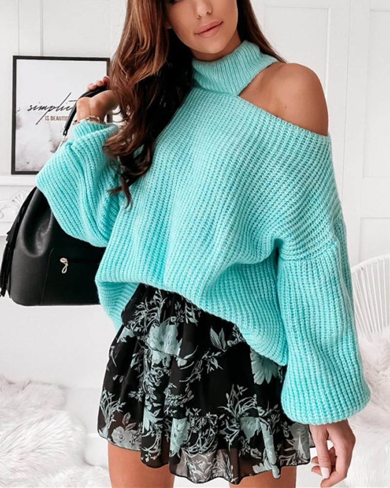 

Lantern Sleeve Cold Shoulder Chunky Knit Sweater, Green