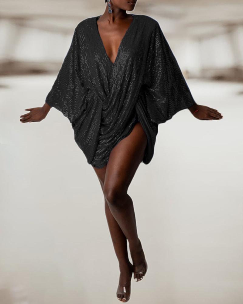 

Long Sleeve V Neck Ruched Asymmetrical Sequins Party Dress, Black