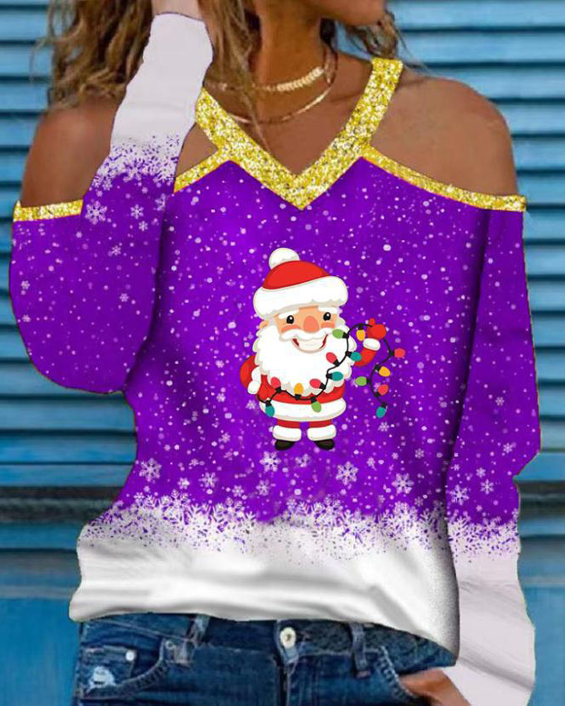 

Christmas Snowflake Santa Claus Print Cold Shoulder Top, Purple