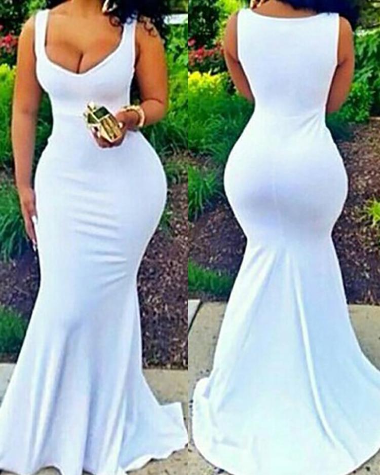 

Sexy Solid Low Cut Slinky Fishtail Maxi Dress, White