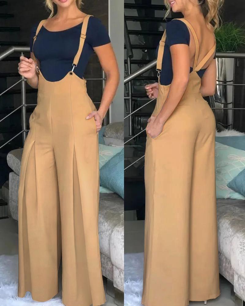 

Pocket Design Wide Leg Suspender Jumpsuit, Khaki