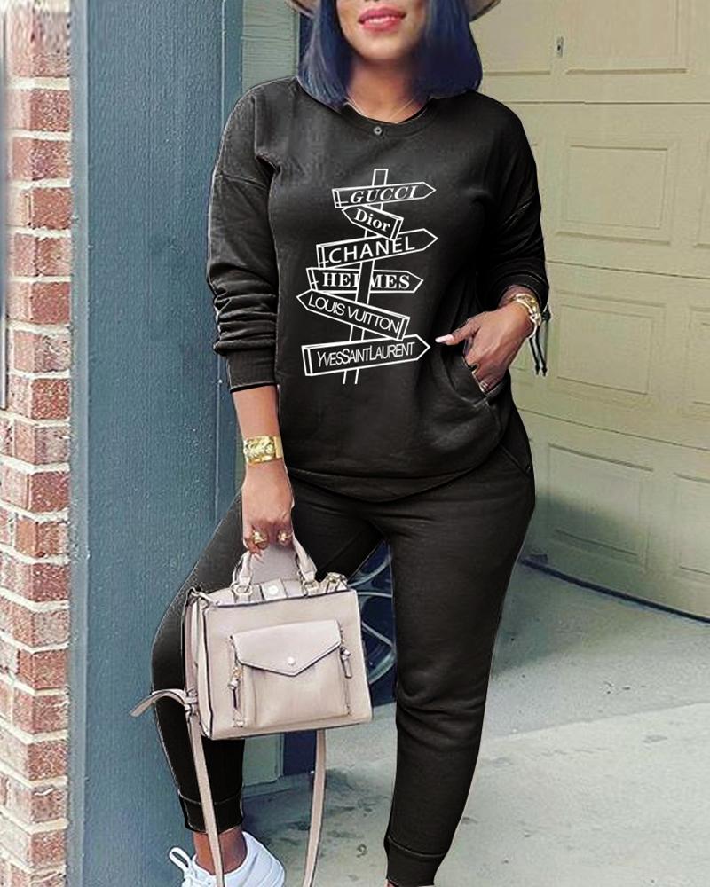 

Graphic Letter Print Pocket Design Top & Pants Set, Black