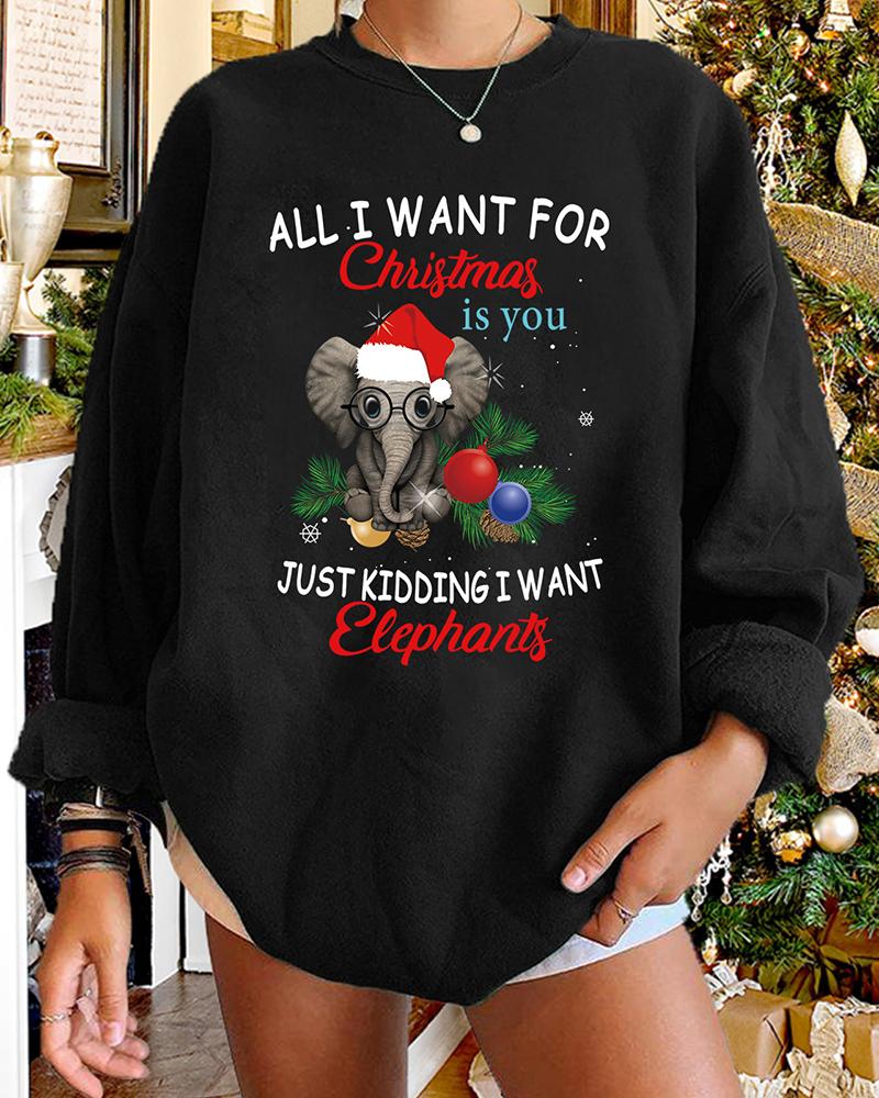 

Christmas Letter Elephant Print Long Sleeve Sweatshirt, Black