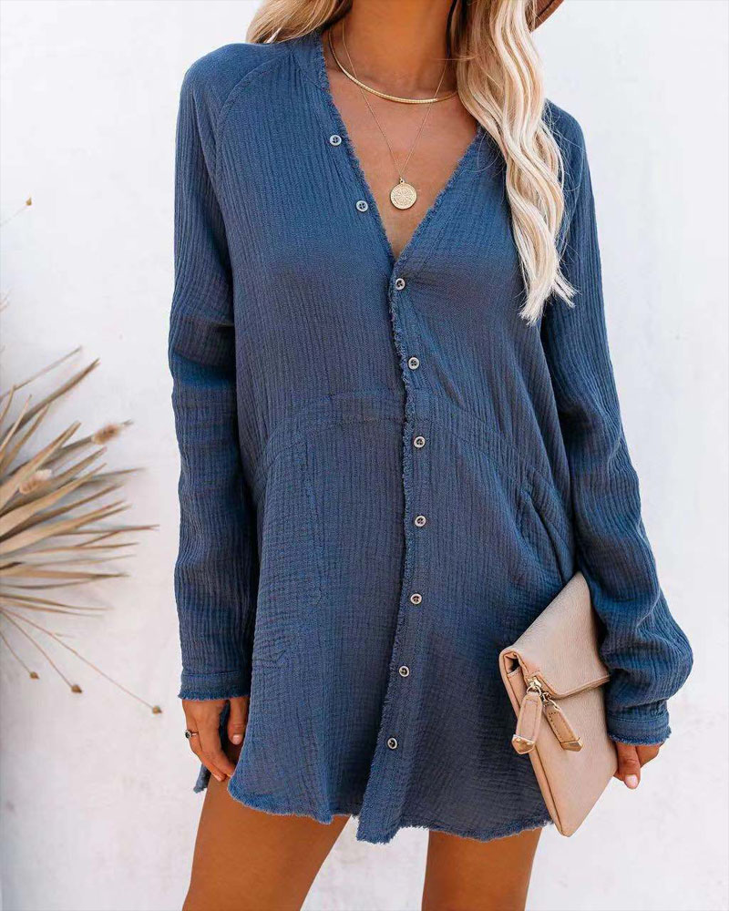 

Long Sleeve Button Down Casual Shirt Dress, Blue