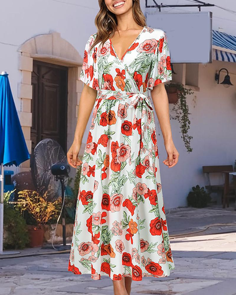 

Floral Print Tied Detail Short Sleeve Maxi Dress, White