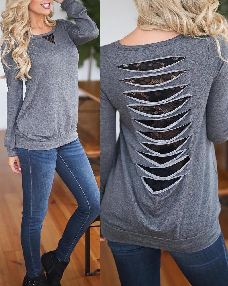 

Contrast Lace Ladder Cutout Long Sleeve Top, Gray