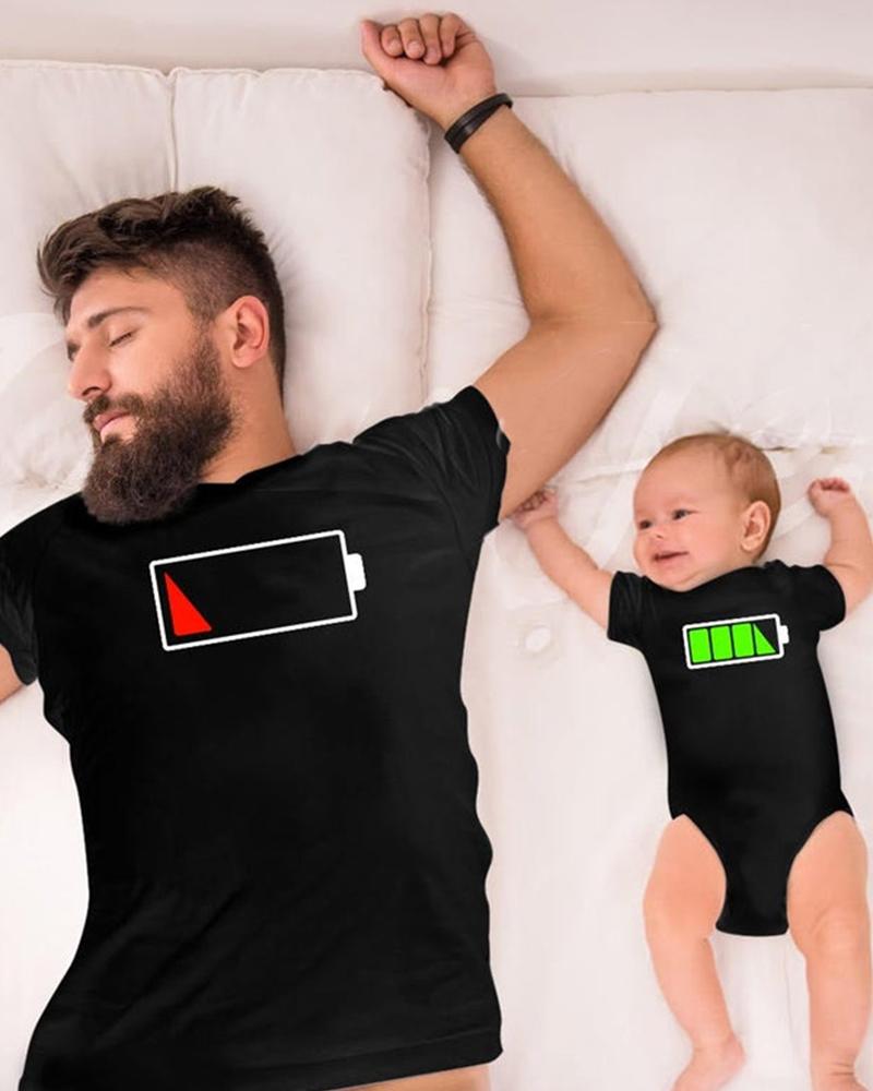 

Battery Print Short Sleeve Parent-child Outfit T-shirt, Black