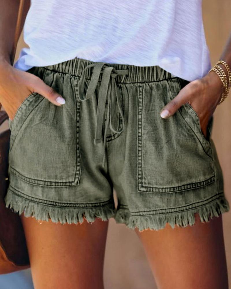 

Raw Hem Pocket Design Denim Shorts, Green