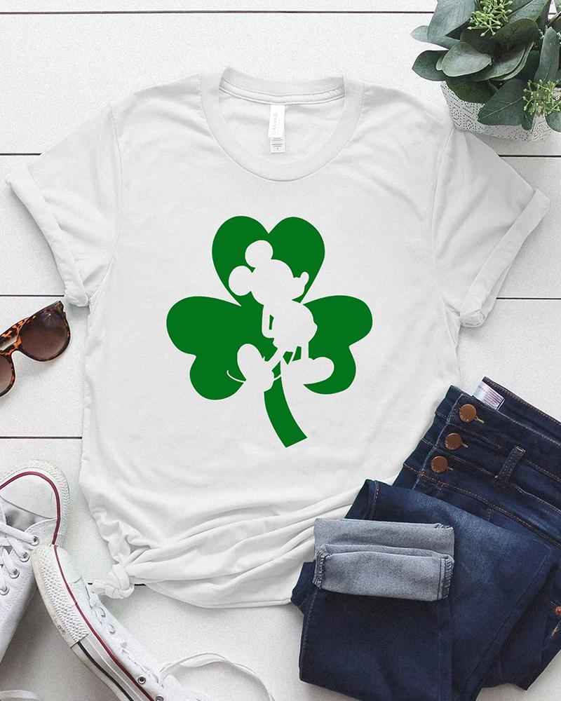 

St. Patrick's Day Solid Color Splicing Clover Print Short Sleeve T-shirt, White