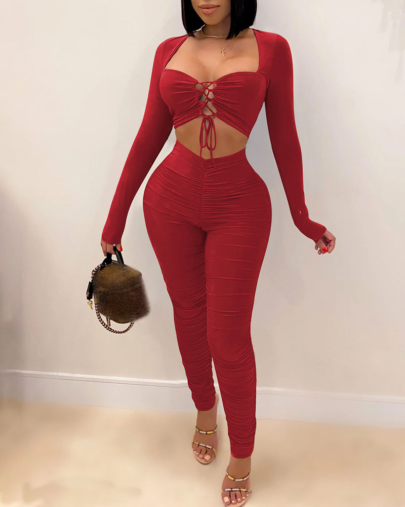 

Ruched Lace-up Top & High Waist Pants Set, Wine red