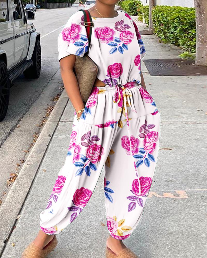 

Short Sleeve Floral Print Drawstring Jumpsuit, Multicolor